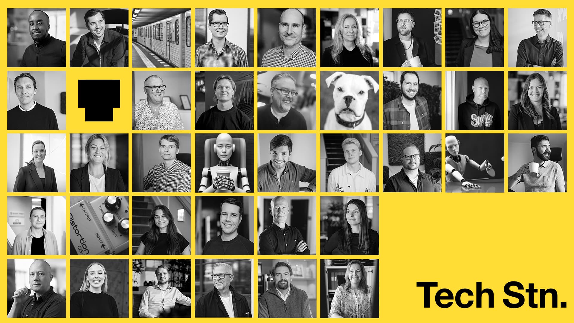 En mosaik av svartvita porträtt av människor från Tech Stn., med en ljusgul bakgrund. Varje porträtt visar antingen en person eller en teknisk enhet, och längst ner till höger står texten “Tech Stn.” i svart.